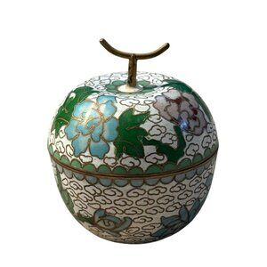 Vintage Cloisonné Apple Trinket Box With Lid - Floral Design Brass Detailing Whi